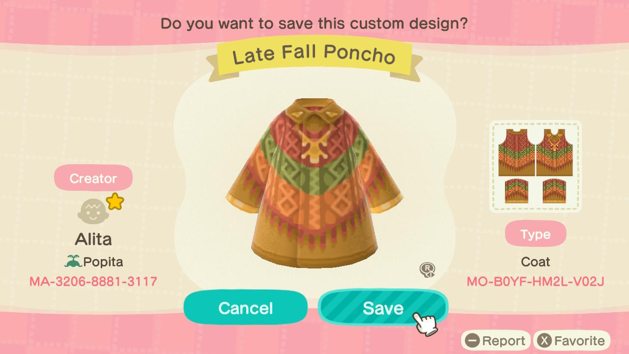 Animal Crossing Design Code: MO-B0YF-HM2L-V02J Late Fall Poncho