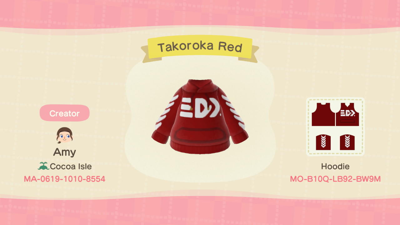 Animal Crossing Design Code: MO-B10Q-LB92-BW9M Takoroka Red Hoodie