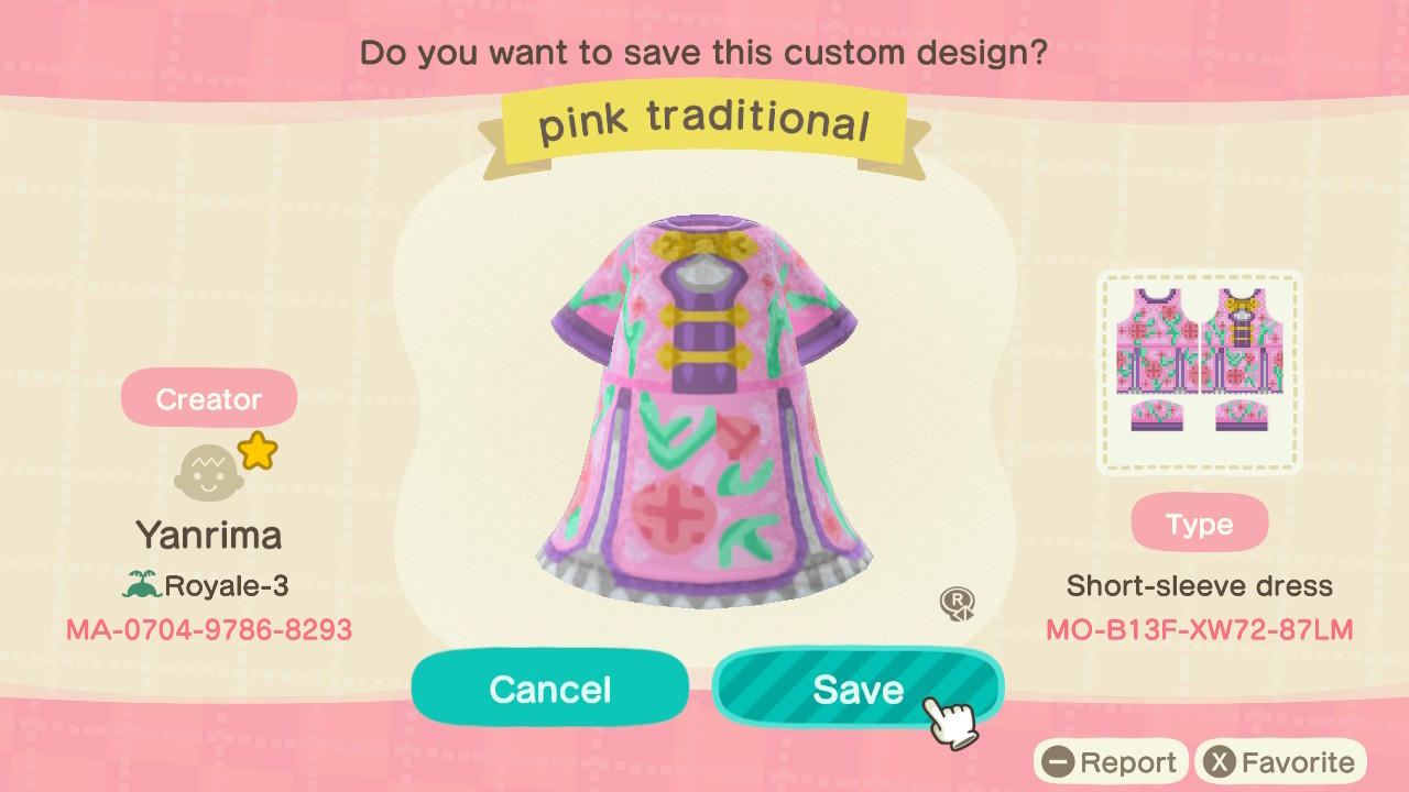 Animal Crossing Design Code: MO-B13F-XW72-87LM Pink Traditional Dre