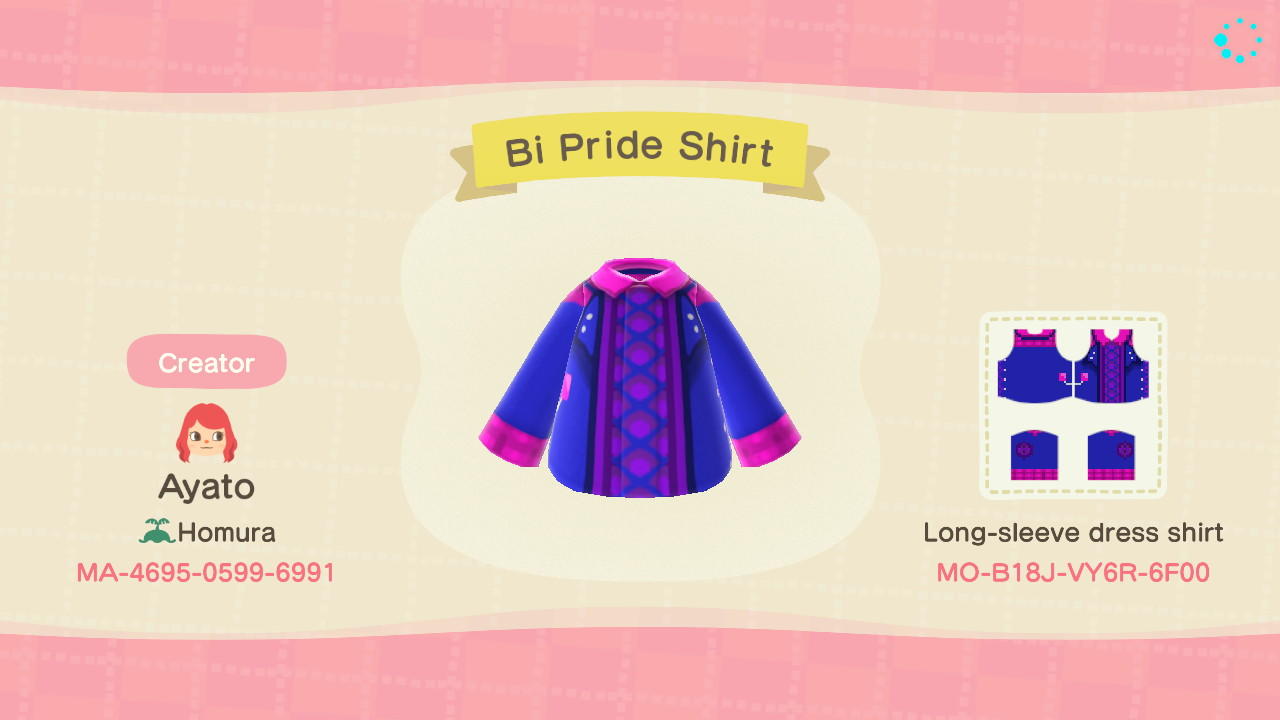 Animal Crossing Design Code: MO-B18J-VYR6-6F00 Bi Pride Shirt