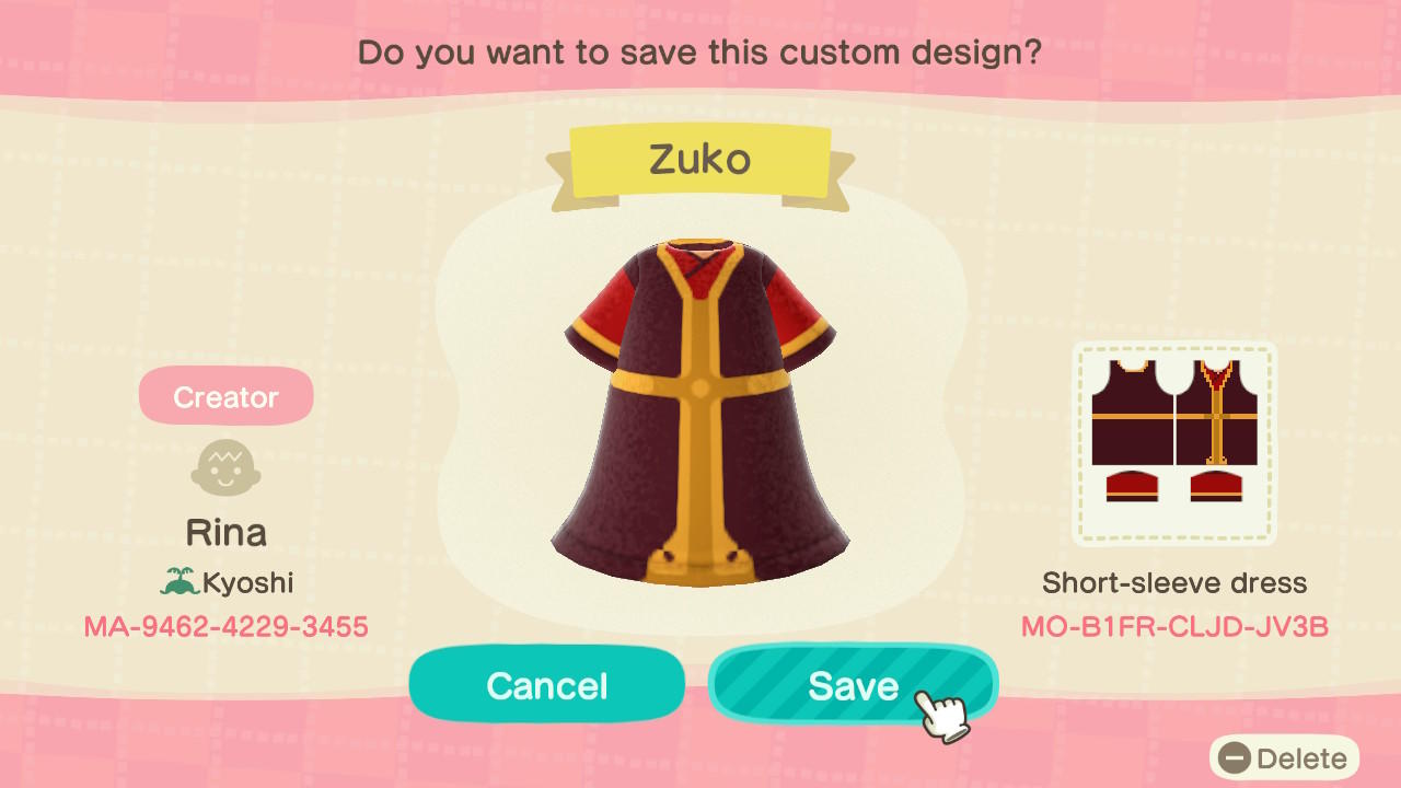 Animal Crossing Design Code: MO-B1FR-CLJD-JV38 Zuko