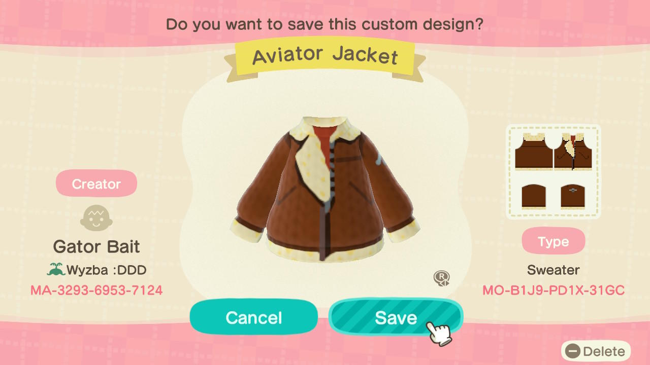 Animal Crossing Design Code: MO-B1J9-PD1X-31GC Aviator Jacket