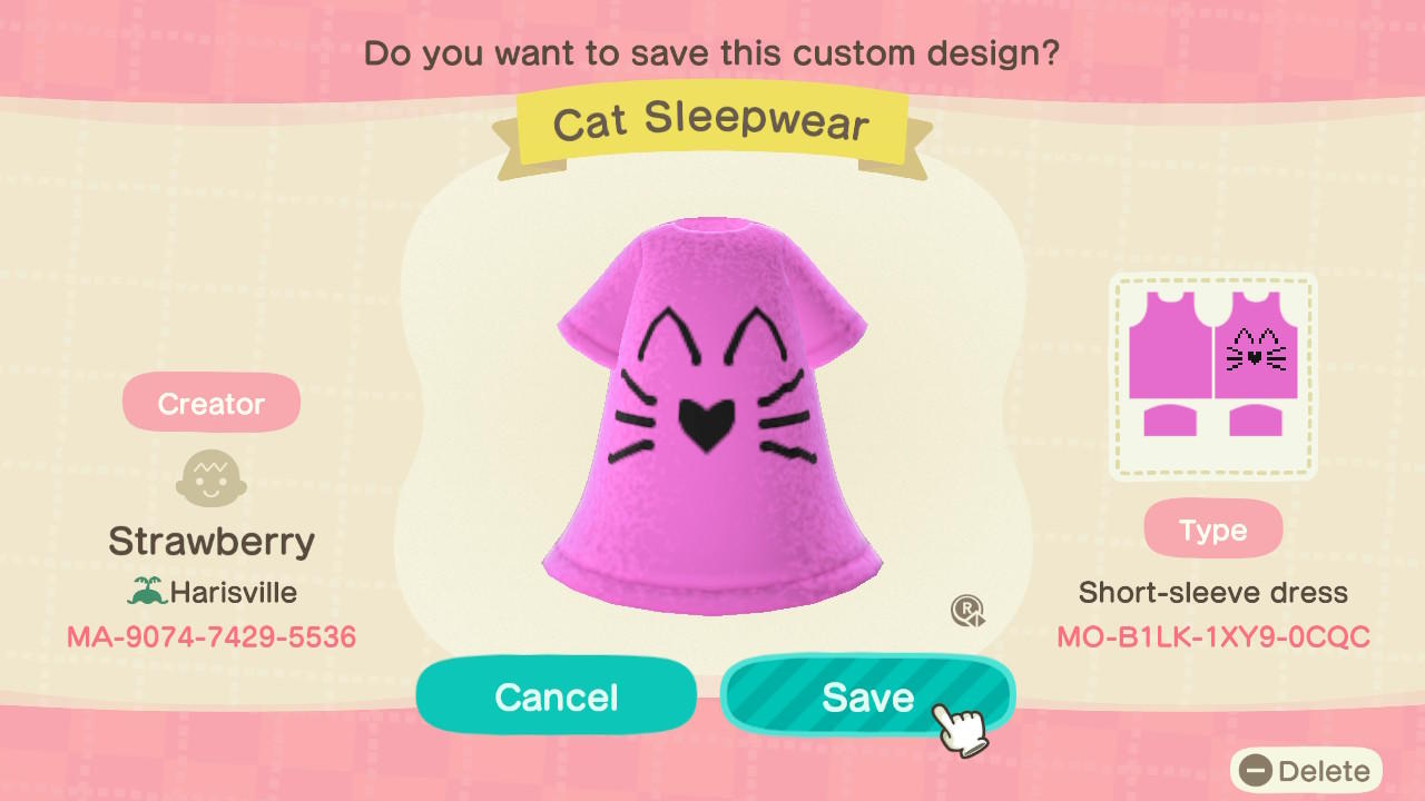 Animal Crossing Design Code: MO-B1LK-1XY9-0CQC Cat Sleepwear