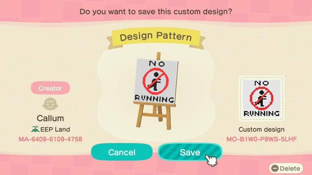Animal Crossing Design Code: MO-B1W0-P9WS-5LHF NO RUNNING Sign