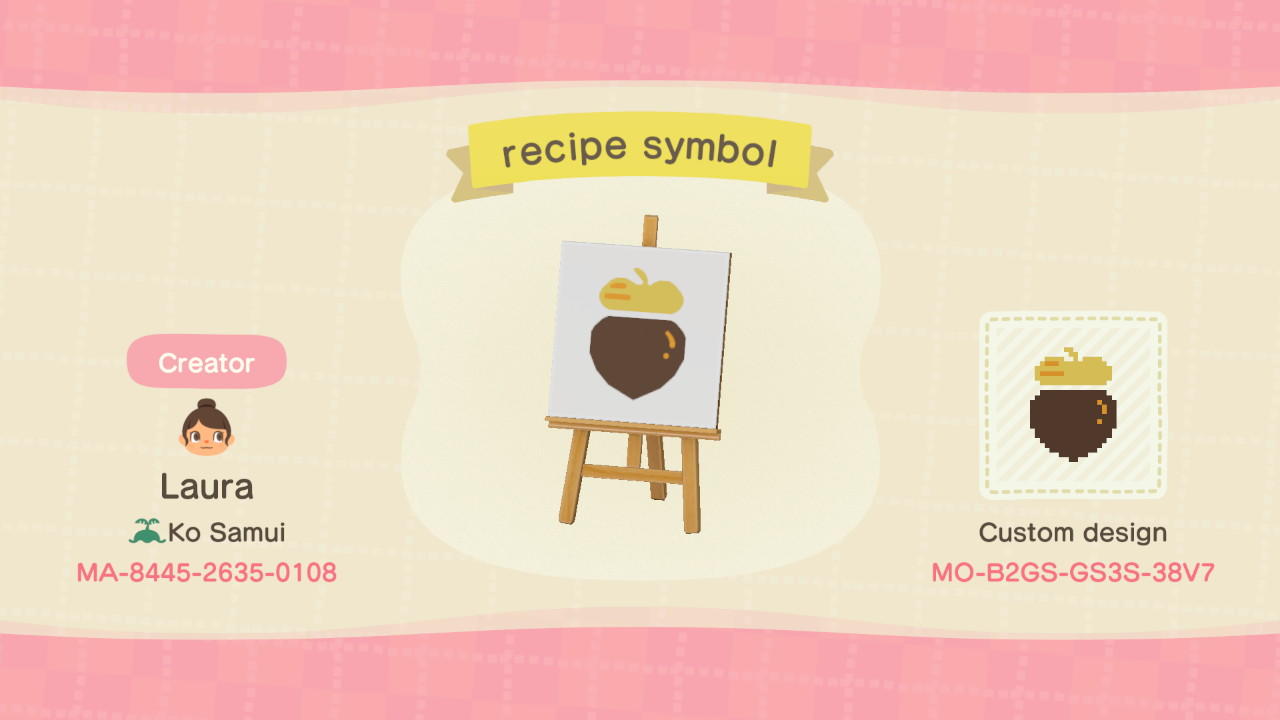 Animal Crossing Design Code: MO-B2GS-GS3S-38V7 recipe symbol