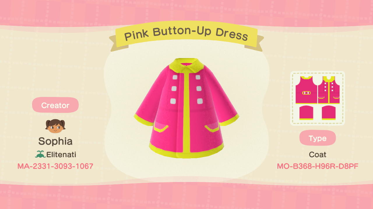 Animal Crossing Design Code: MO-B368-H96R-D8PF Pink Button-Up Dress