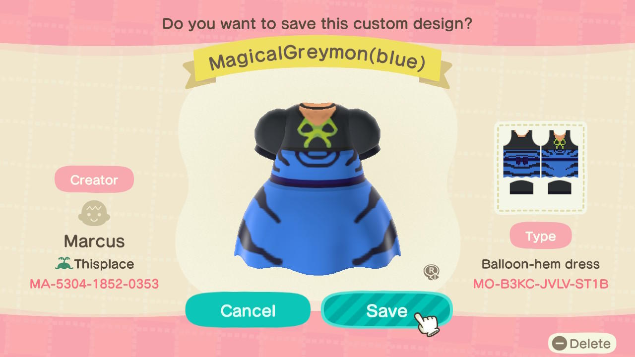 Animal Crossing Design Code: MO-B3KC-JVLV-ST1B Magical Greymon Blue