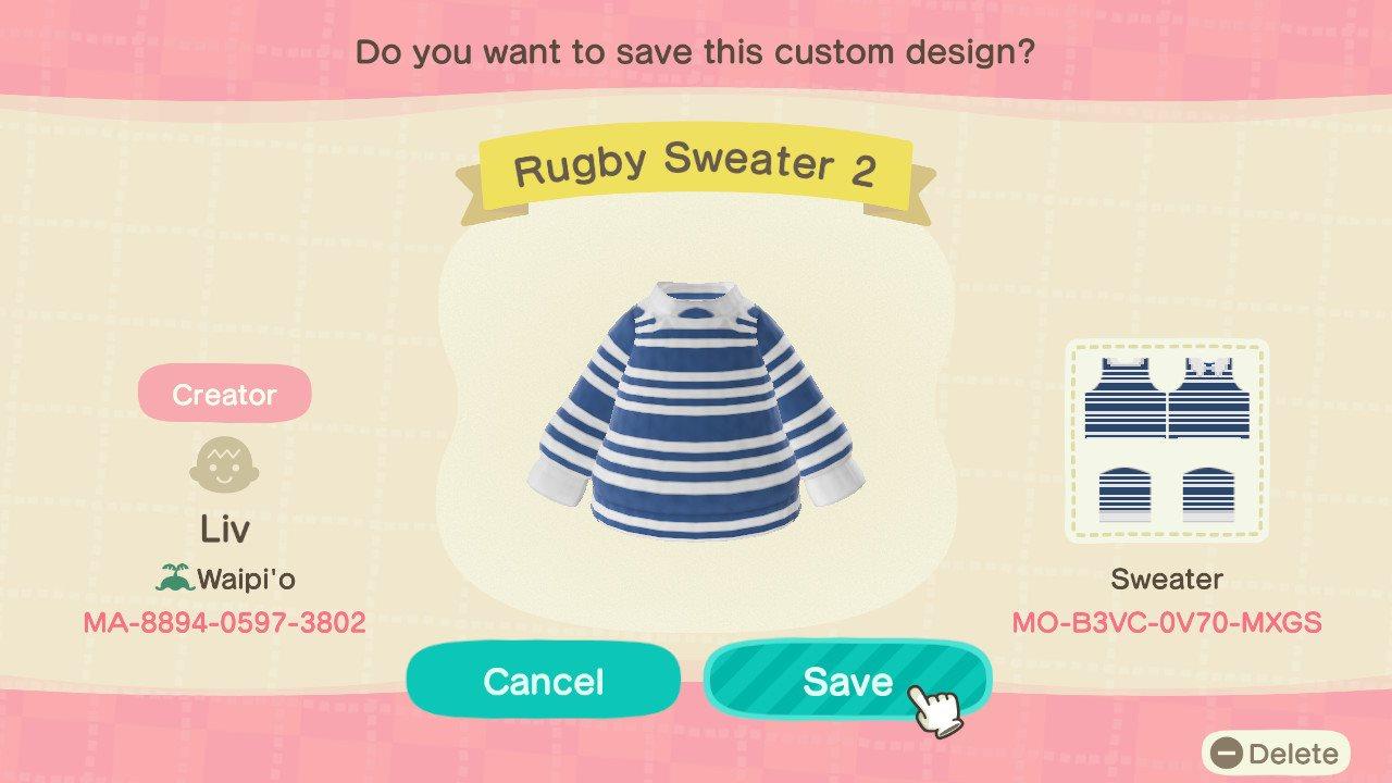 Animal Crossing Design Code: MO-B3VC-0V70-MXGS Rugby Sweater