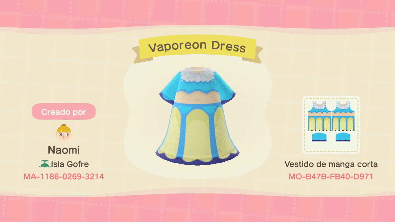 Animal Crossing Design Code: MO-B47B-FB40-D971 Vaporeon Dress