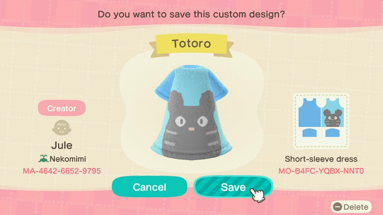 Animal Crossing Design Code: MO-B4FC-YQBX-NNT0 Totoro Blue Dress
