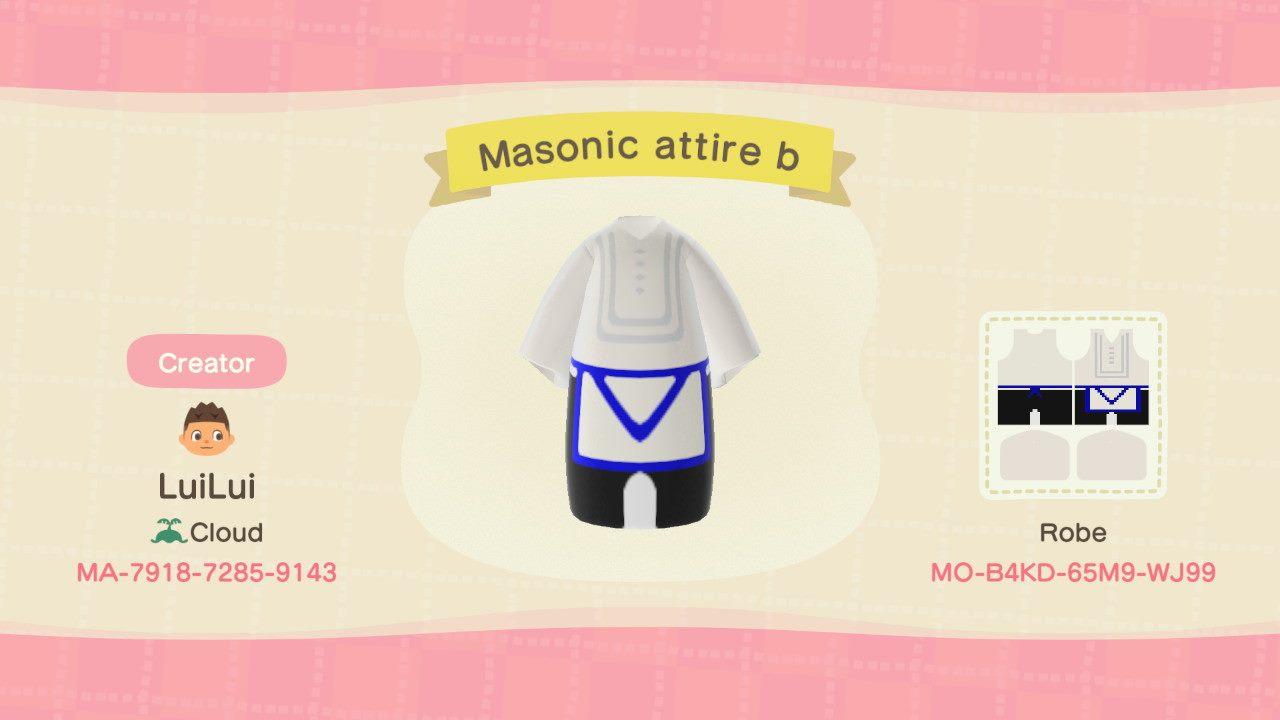 Animal Crossing Design Code: MO-B4KD-65M9-WJ99 Masonic attire b