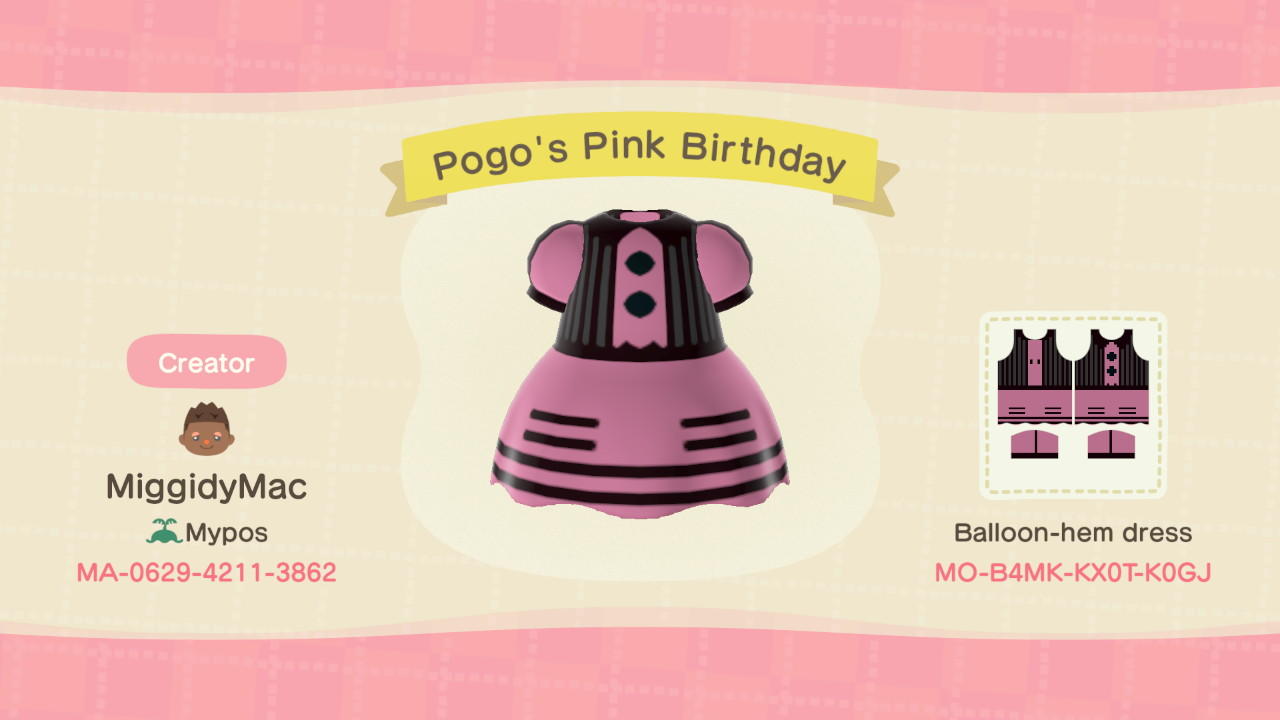 Animal Crossing Design Code: MO-B4MK-KX0T-K0GJ Pink Bday Dress