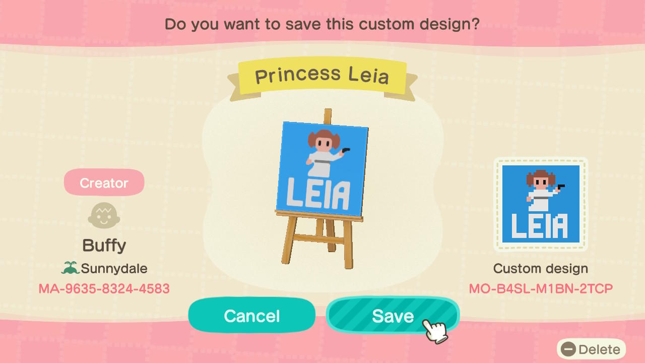 Animal Crossing Design Code: MO-B4SL-M1BN-2TCP Princess Leia