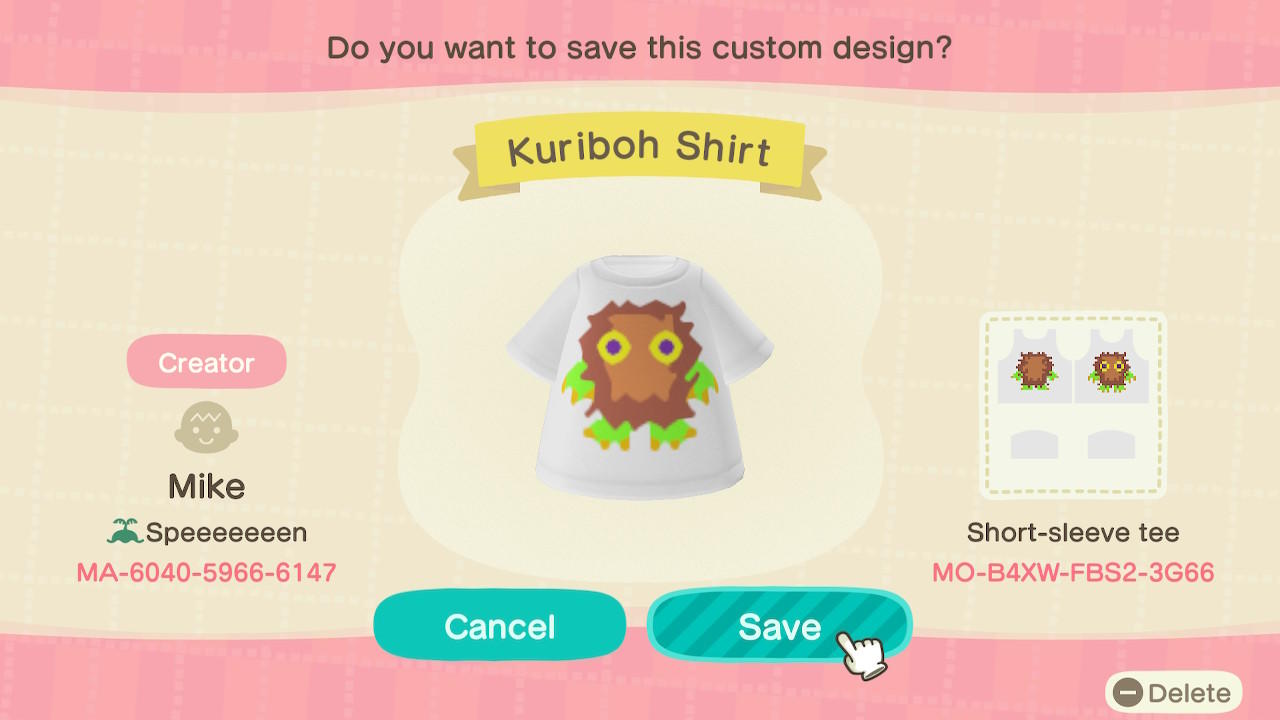 Animal Crossing Design Code: MO-B4XW-FBS2-3G66 Kuriboh Shirt