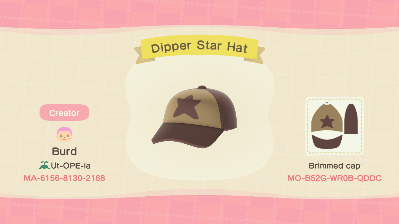 Animal Crossing Design Code: MO-B52G-WR0B-QDDC Dipper Star Hat