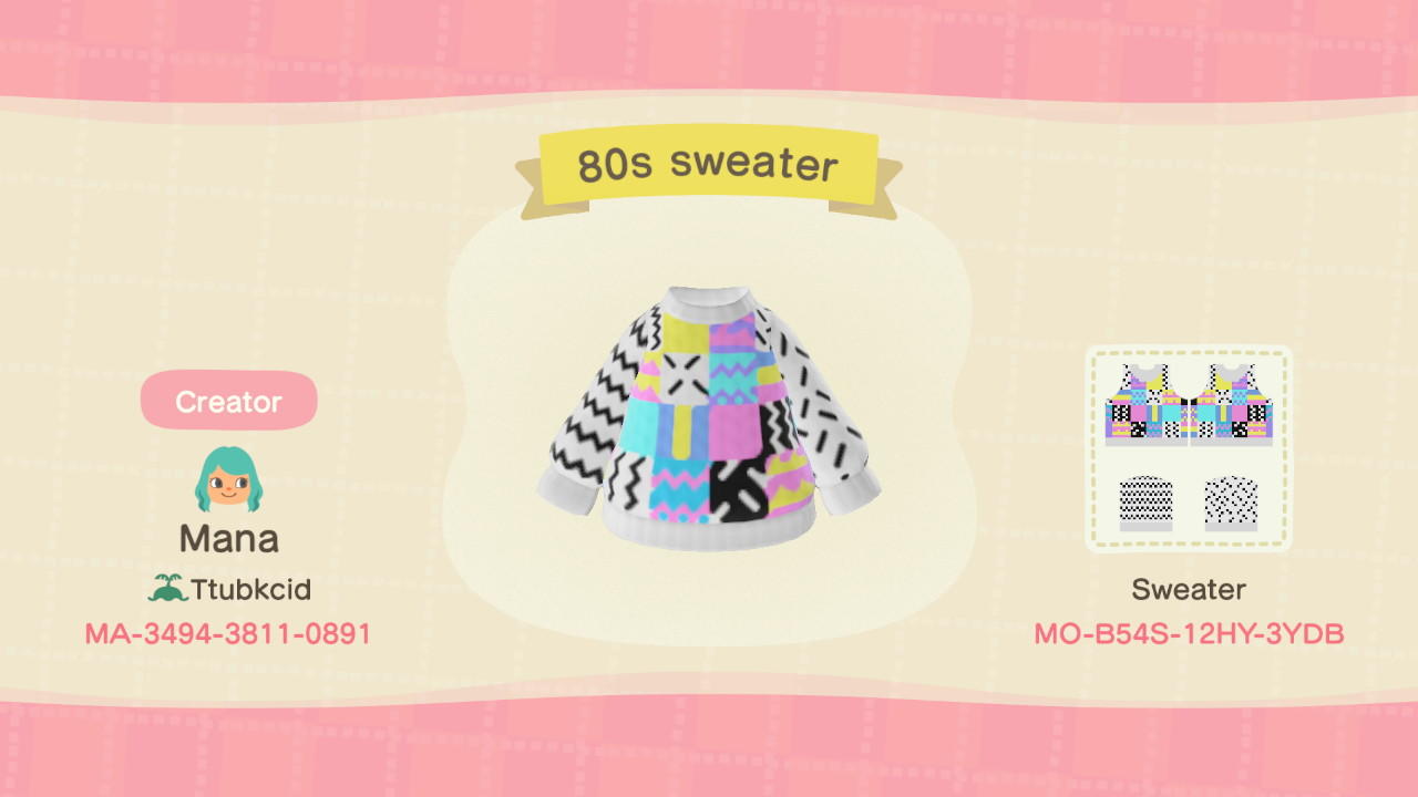 Animal Crossing Design Code: MO-B54S-12HY-3YDB 80s Sweater