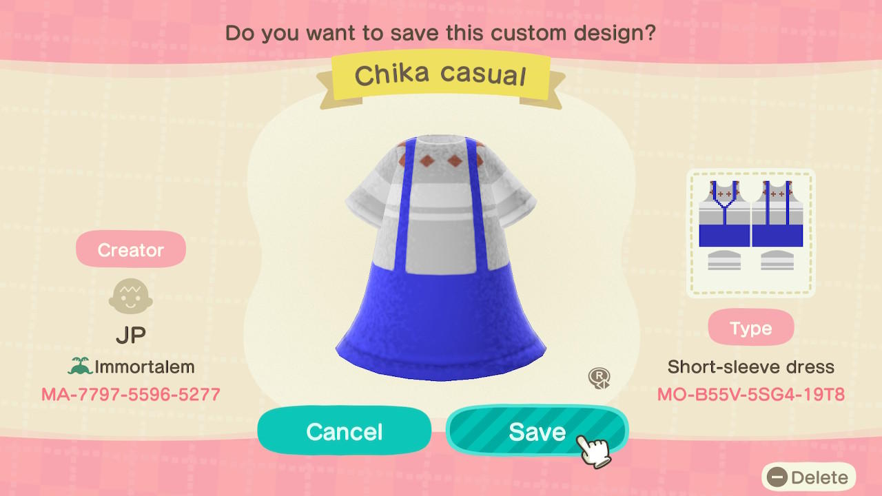 Animal Crossing Design Code: MO-B55V-5SG4-19T8 Chika Casual