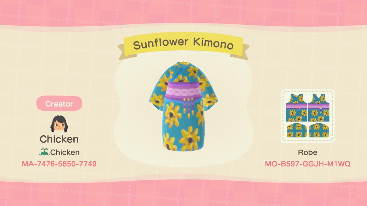 Animal Crossing Design Code: MO-B597-GGJH-M1WQ Sunflower Kimono