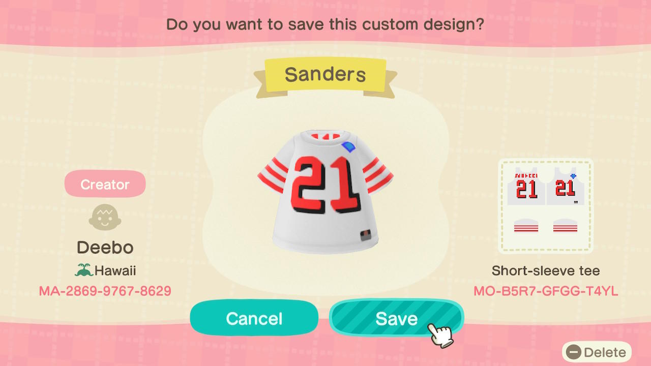 Animal Crossing Design Code: MO-B5R7-GFGG-T4YL SF 49ers D. Sanders