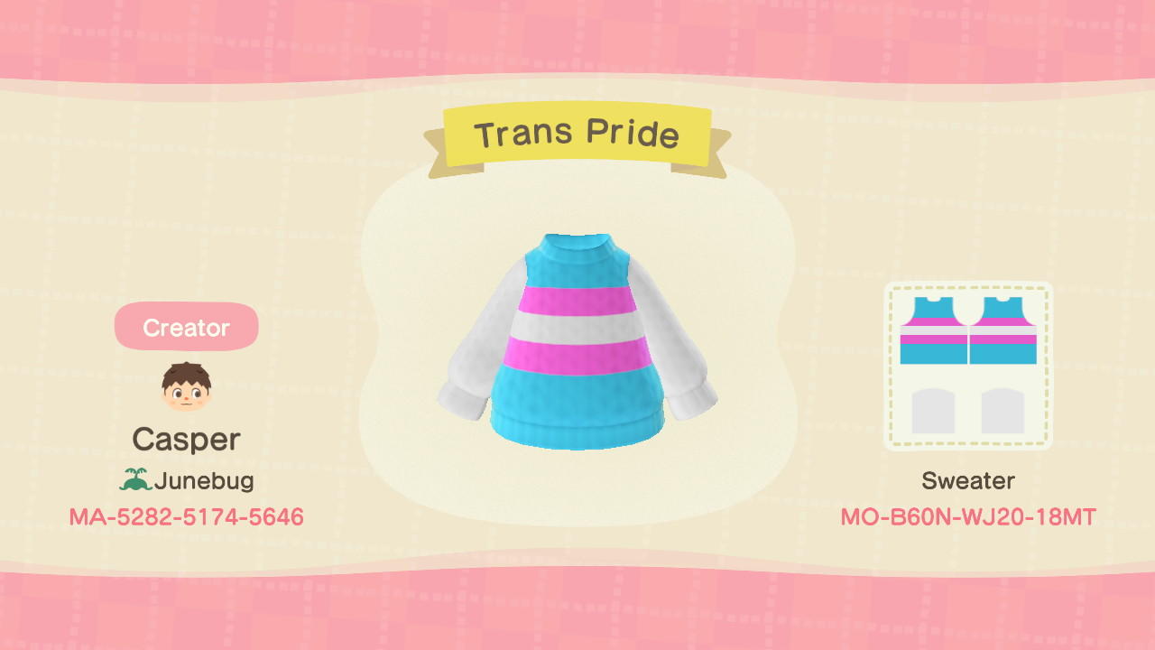 Animal Crossing Design Code: MO-B60N-WJ20-18MT Trans Pride Sweater