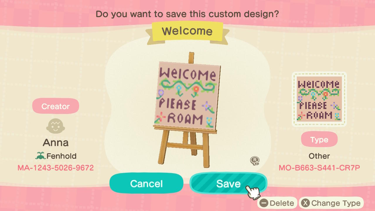 Animal Crossing Design Code: MO-B663-S441-CR7P Welcome
