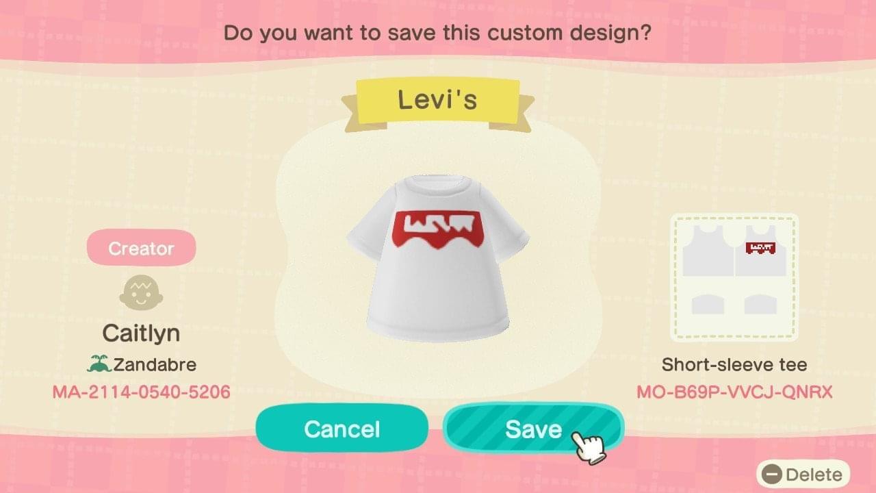 Animal Crossing Design Code: MO-B69P-VVCJ-QNRX Levi’s