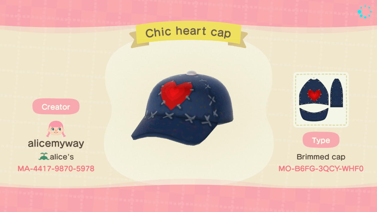 Animal Crossing Design Code: MO-B6FG-3QCY-WHF0 Chic Heart Cap