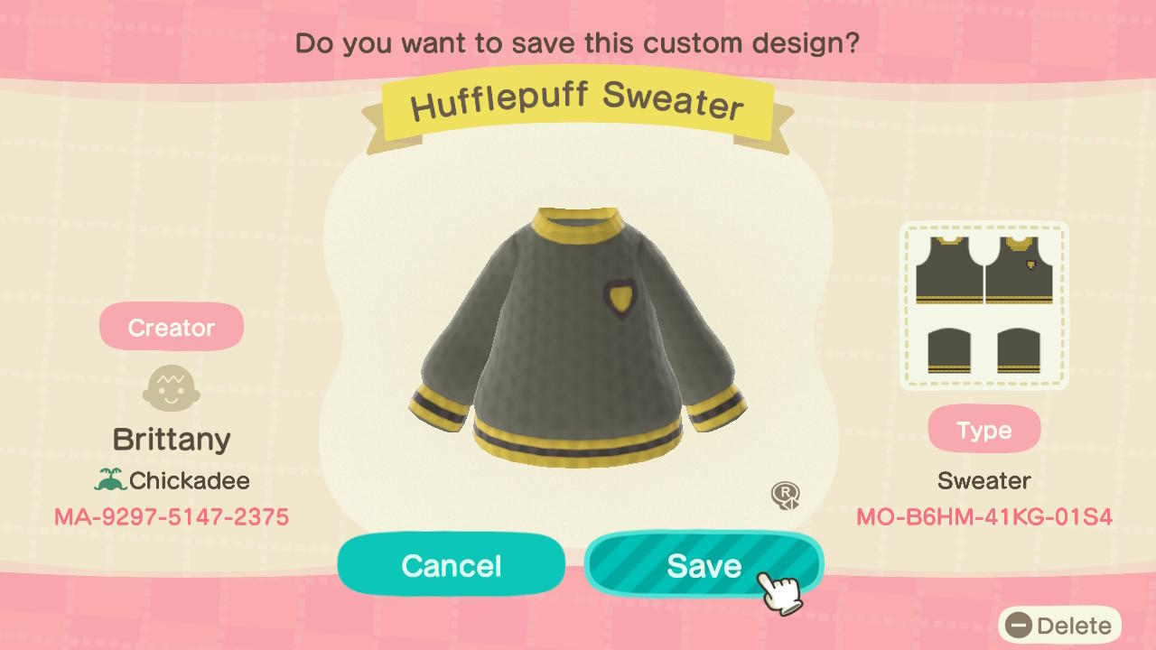 Animal Crossing Design Code: MO-B6HM-41KG-01S4 Hufflepuff Sweater