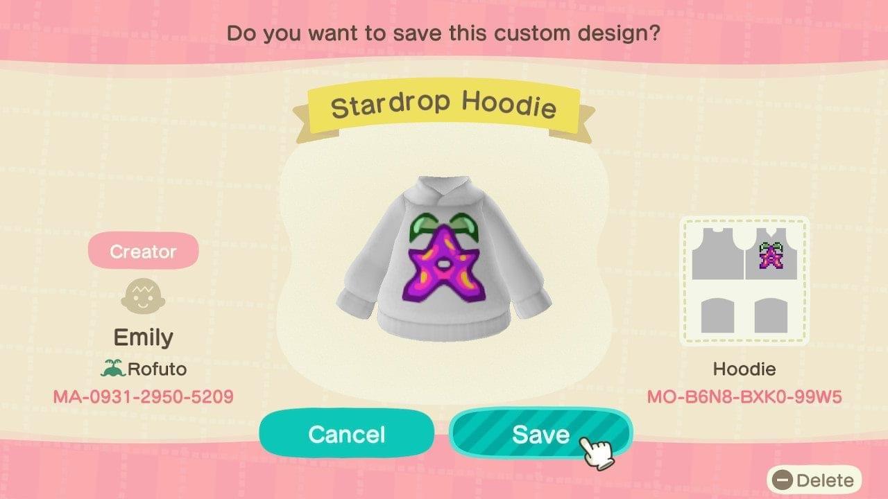 Animal Crossing Design Code: MO-B6N8-BXK0-99W5 Stardrop Hoodie