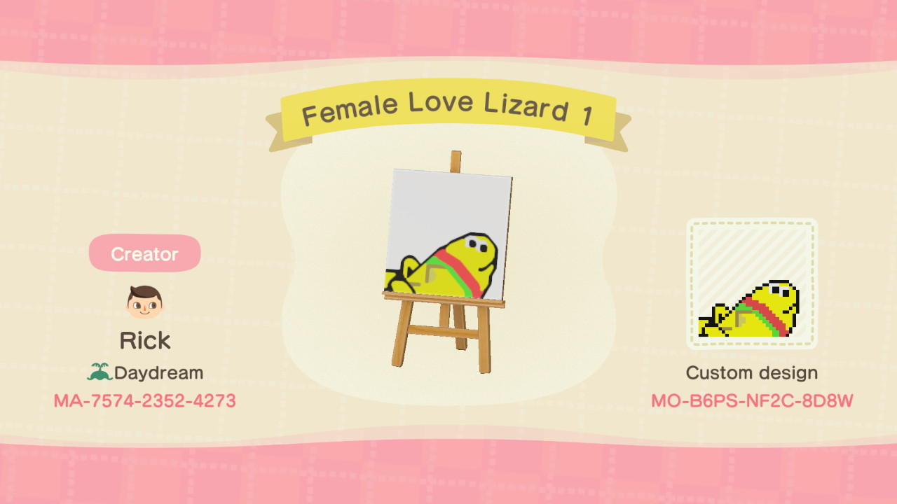 Animal Crossing Design Code: MO-B6PS-NF2C-8D8W Female Love Lizard 1