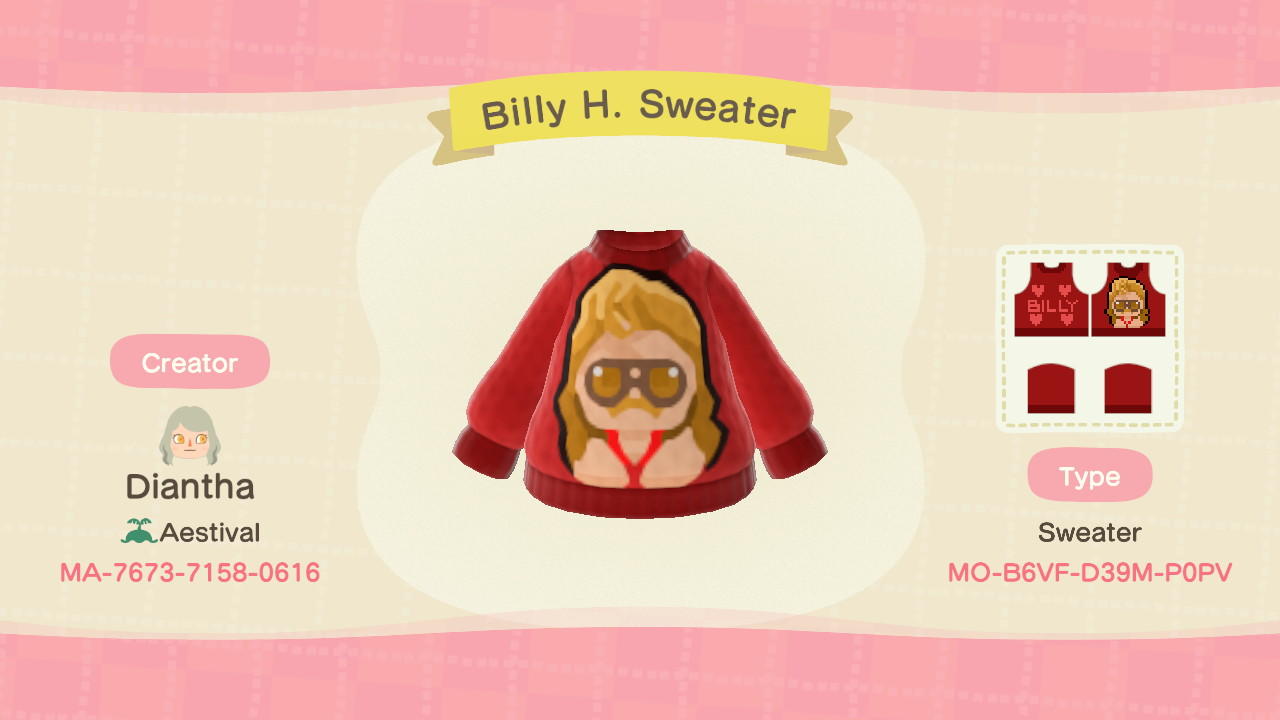 Animal Crossing Design Code: MO-B6VF-D39M-P0PV Billy H. Sweater