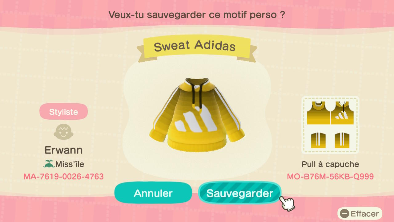 Animal Crossing Design Code: MO-B76M-56KB-Q999 Sweat Adidas