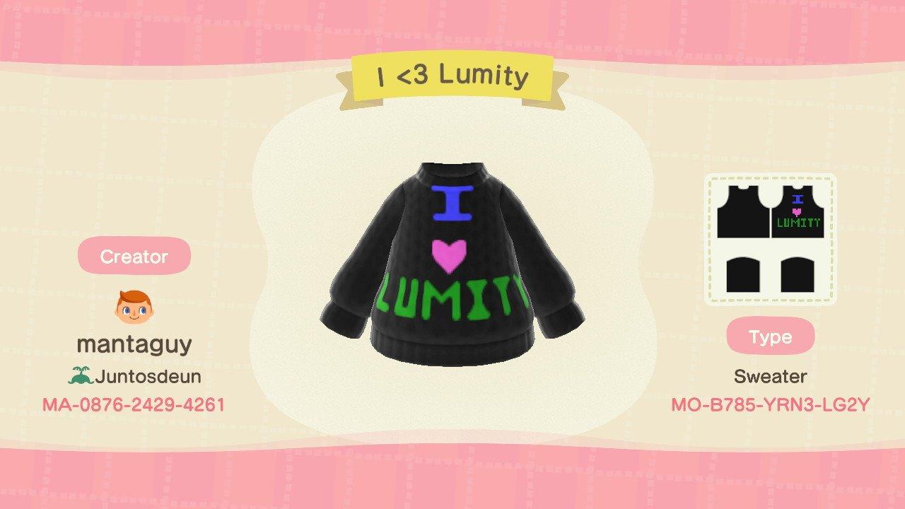 Animal Crossing Design Code: MO-B785-YRN3-LG2Y I <3 Lumity