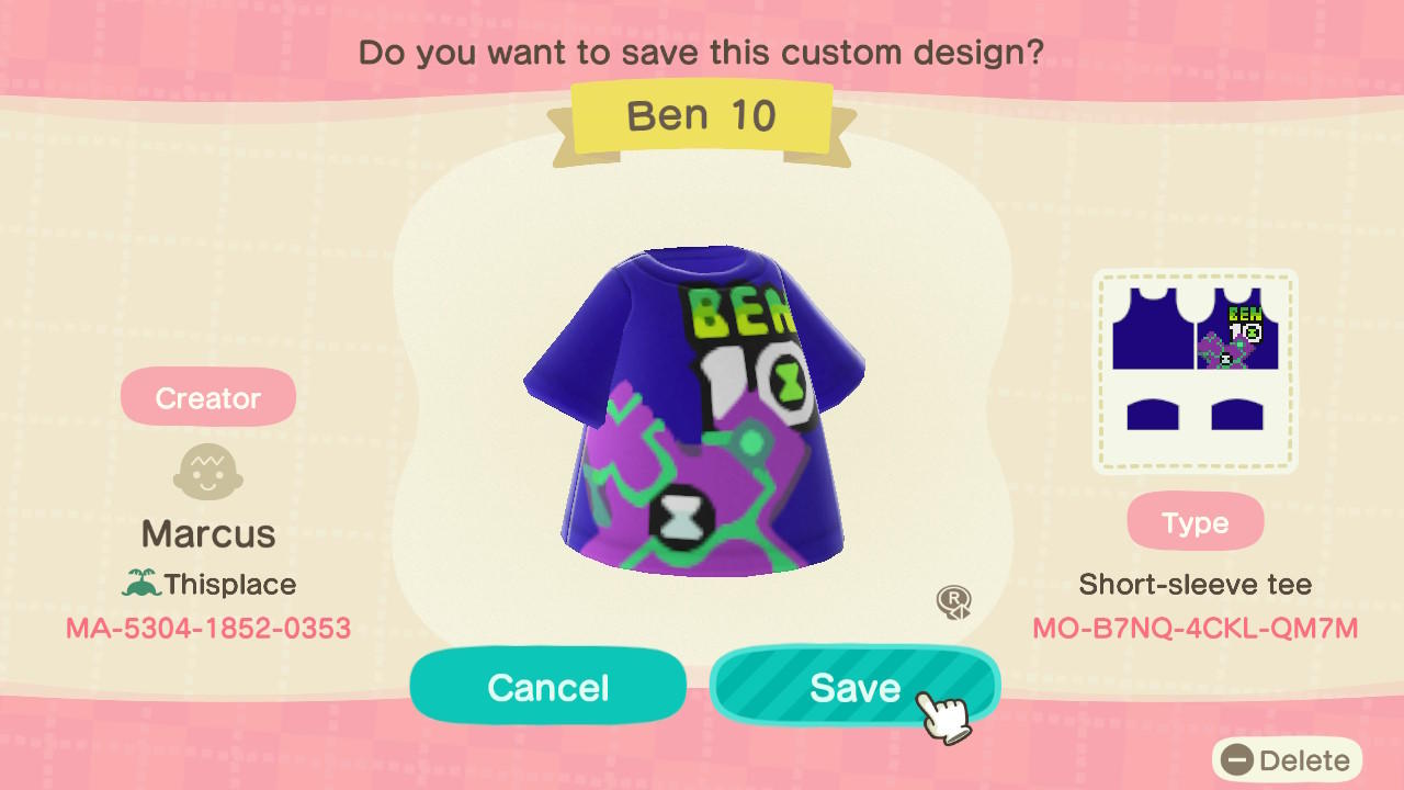 Animal Crossing Design Code: MO-B7NQ-4CKL-QM7M Ben 10 Surge