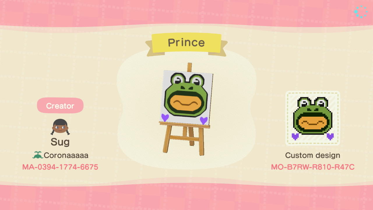 Animal Crossing Design Code: MO-B7RW-R810-R47C PRINCE THE FROG