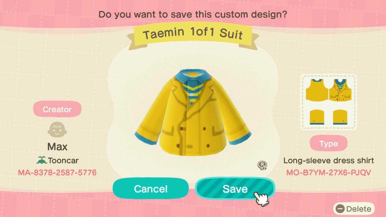 Animal Crossing Design Code: MO-B7YM-27X6-PJQV SHINee Taemin 1of1