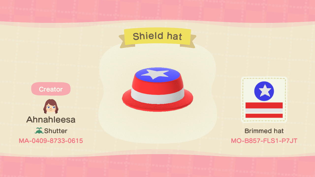 Animal Crossing Design Code: MO-B857-FLS1-P7JT Shield hat