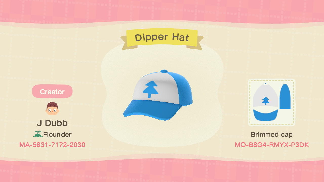Animal Crossing Design Code: MO-B8G4-RMYX-P3DK Dipper Hat