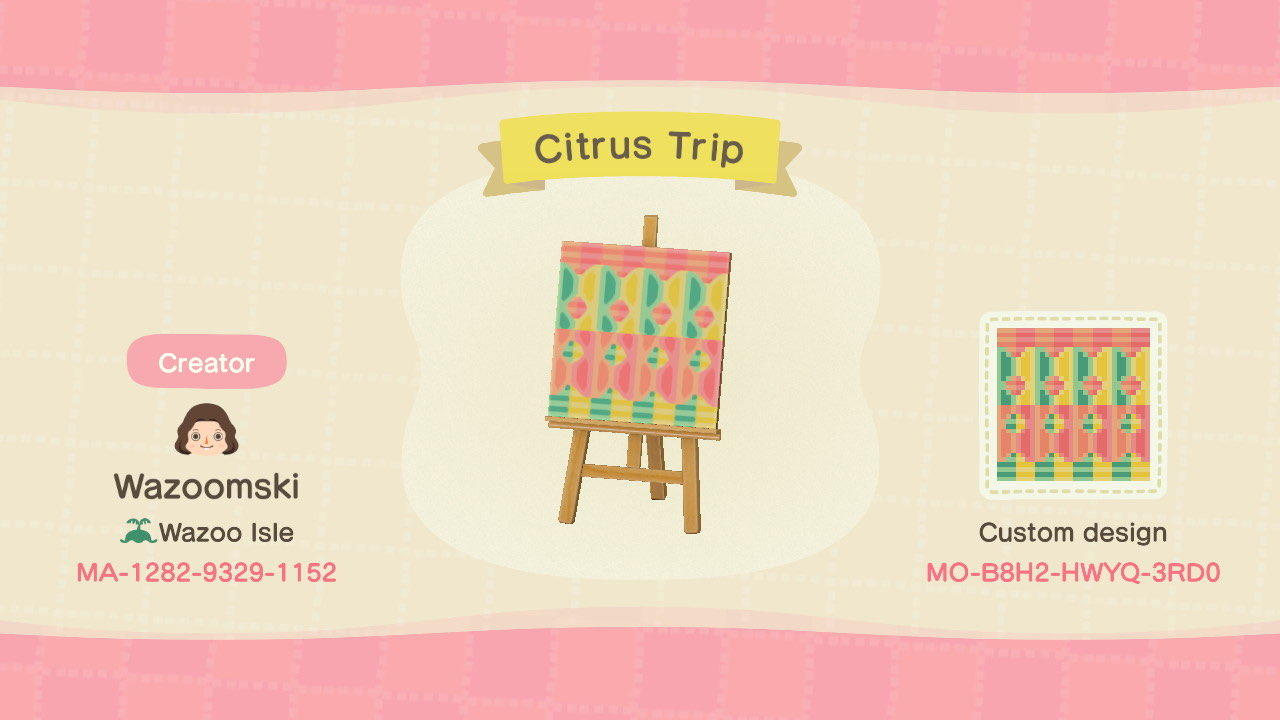 Animal Crossing Design Code: MO-B8H2-HWYQ-3RD0 Citrus Trip