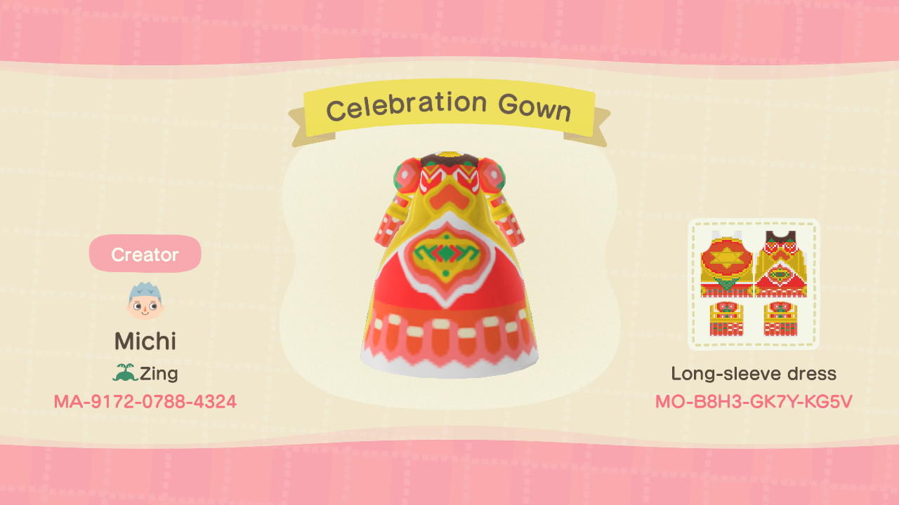 Animal Crossing Design Code: MO-B8H3-GK7Y-KG5V Celebration Gown