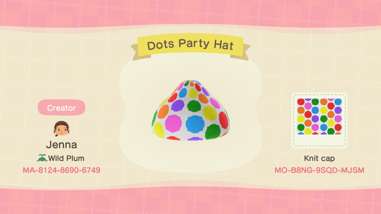 Animal Crossing Design Code: MO-B8NG-9SQD-MJSM Dots Party Hat