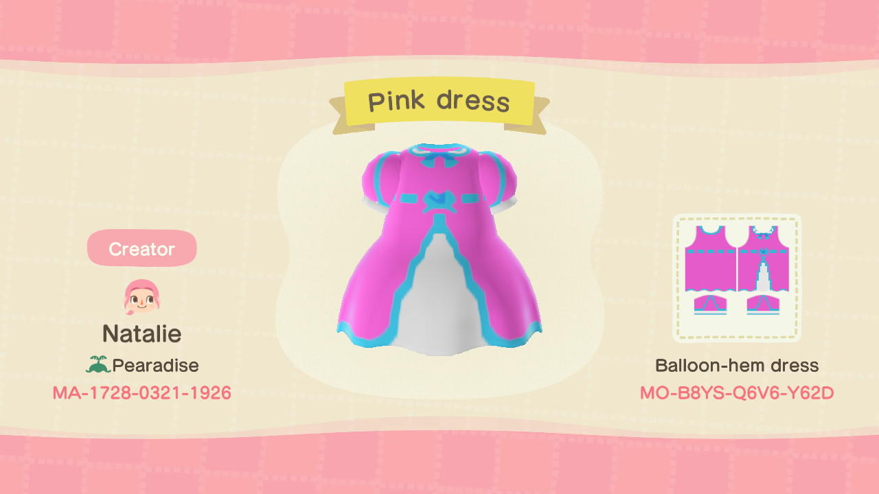 Animal Crossing Design Code: MO-B8YS-Q6V6-Y62D Pink Dress