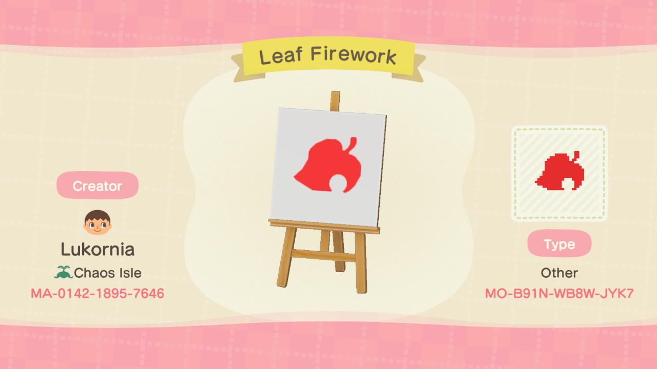 Animal Crossing Design Code: MO-B91N-WB8W-JYK7 Leaf Firework