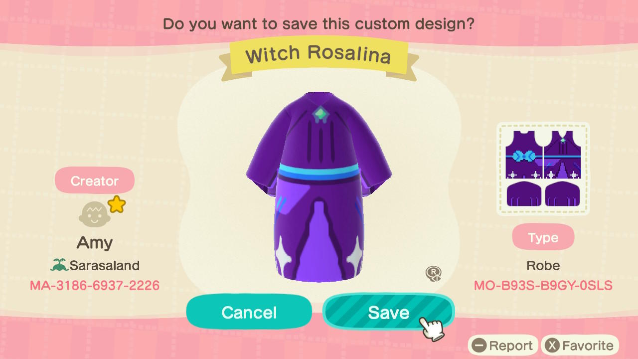 Animal Crossing Design Code: MO-B93S-B9GY-0SLS Witch Rosalina