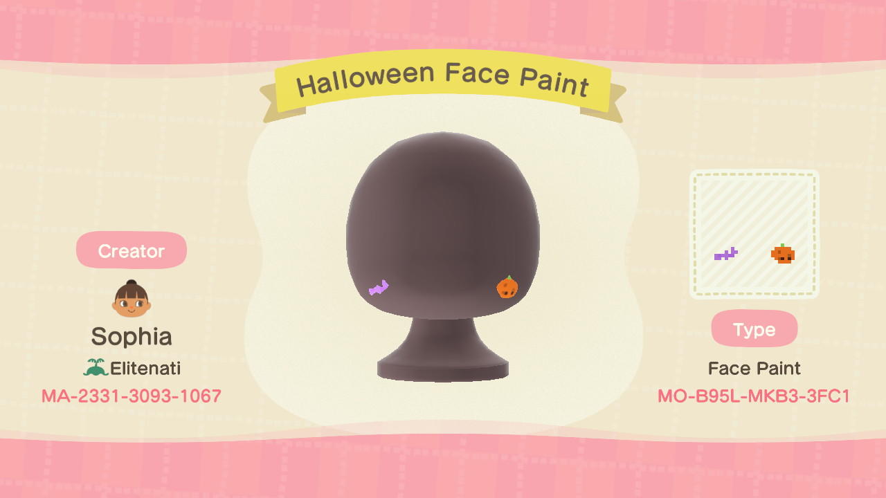 Animal Crossing Design Code: MO-B95L-MKB3-3FC1 Halloween Face Paint