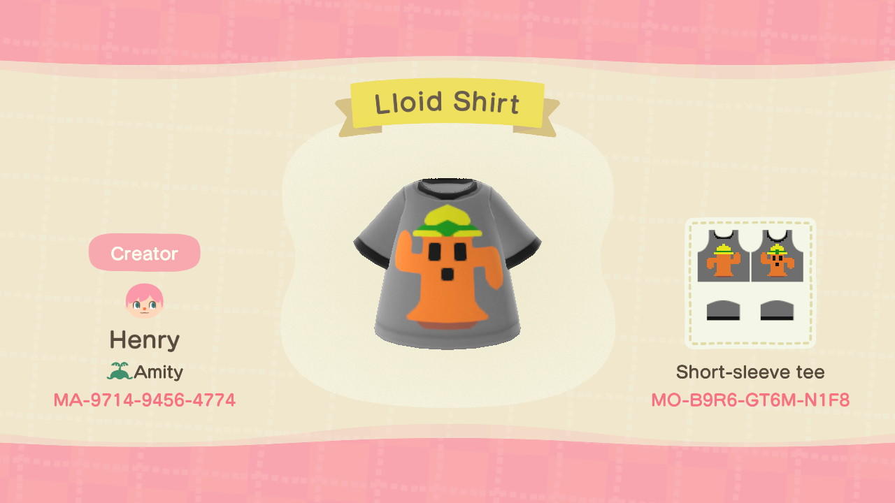 Animal Crossing Design Code: MO-B9R6-GT6M-N1F8 Lloid Shirt