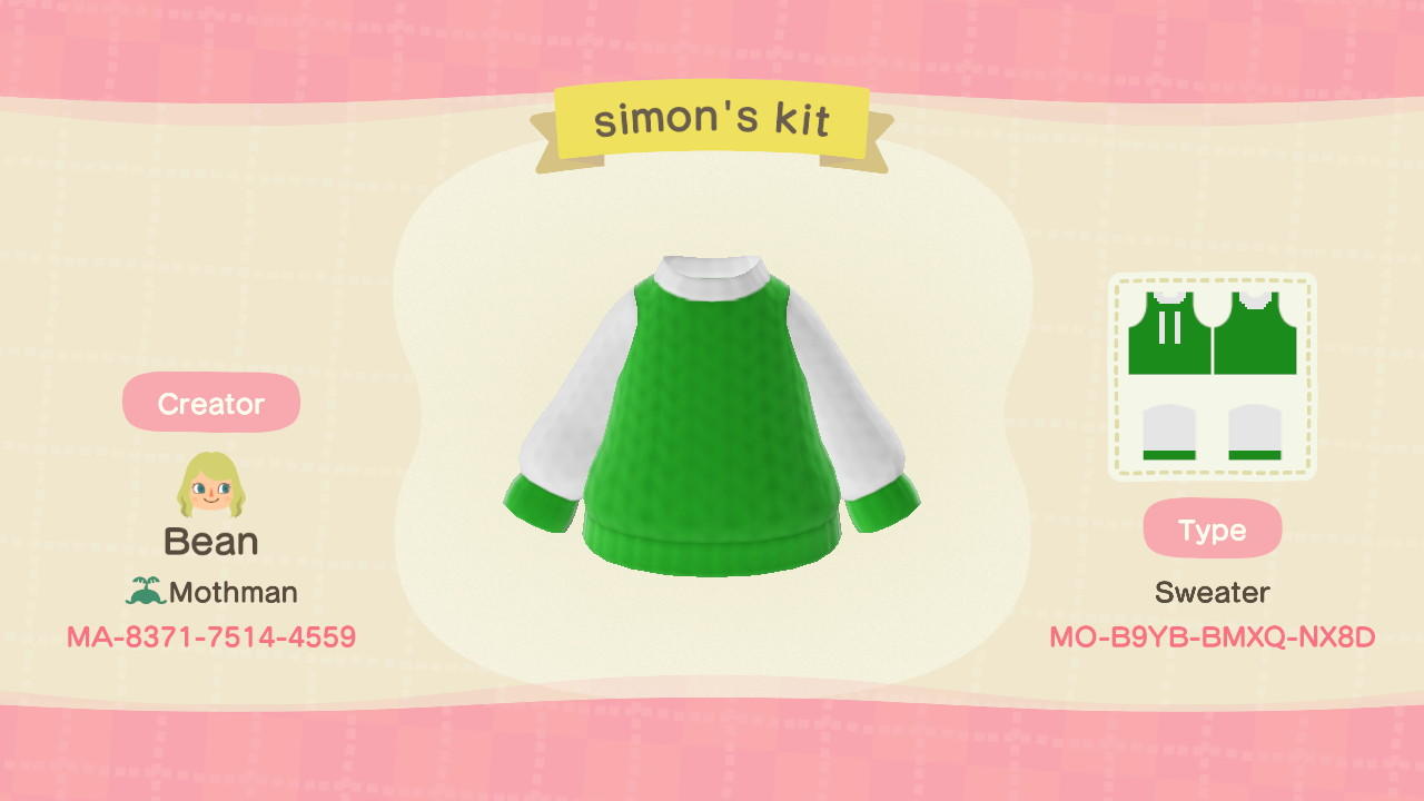 Animal Crossing Design Code: MO-B9YB-BMXQ-NX8D simon's kit