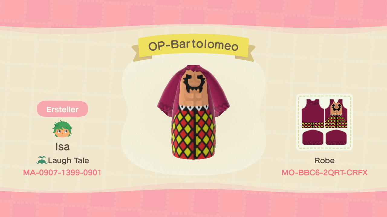 Animal Crossing Design Code: MO-BBC6-2QRT-CRFX One Piece Bartolomeo