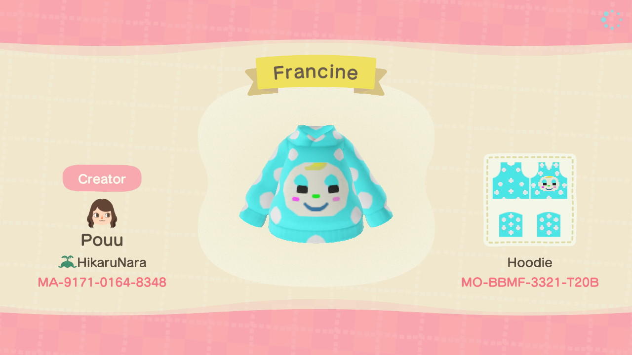 Animal Crossing Design Code: MO-BBMF-3321-T20B Francine Hoodie