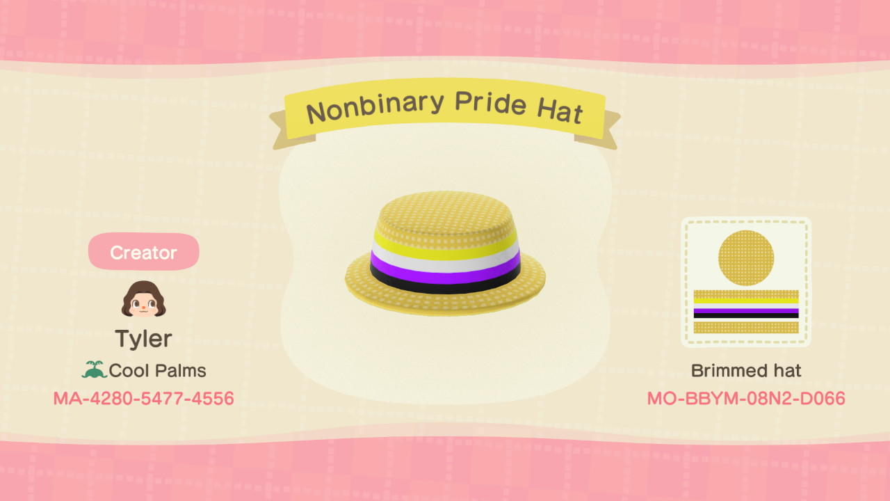 Animal Crossing Design Code: MO-BBYM-08N2-D066 Nonbinary Pride Hat